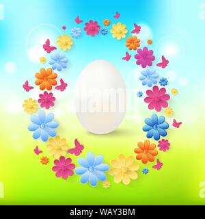 Easter eggs with colorful flowers, butterflies on spring background. Stock Vector