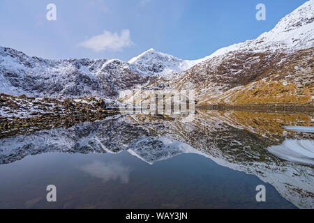 Mount Snowdon reflected in Llyn Llydaw Snowdonia National Park North Wales UK March 2018 Stock Photo