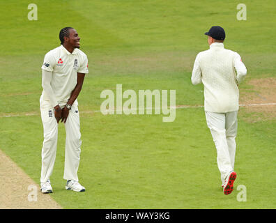 Leeds, UK. 22nd Aug, 2019. Jofra Archer of England during day one of the 3rd Specsavers Ashes Test Match, at Headingley Cricket Ground, Leeds, England. Credit: ESPA/Alamy Live News Stock Photo