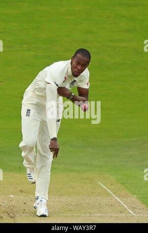 Leeds, UK. 22nd Aug, 2019. Jofra Archer of England bowling during day one of the 3rd Specsavers Ashes Test Match, at Headingley Cricket Ground, Leeds, England. Credit: ESPA/Alamy Live News Stock Photo