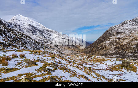 View down the Llanberis Pass from Pen-y-Pass with the summit of Crib Goch on the left Snowdonia National Park North wales UK March 2018 Stock Photo
