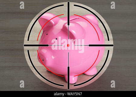 Close-up Of Shooting Range Target On Pink Piggy Bank Over Hardwood Floor Stock Photo