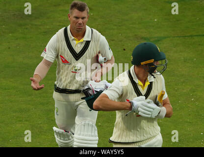 Leeds, UK. 22nd Aug, 2019. Marnus Labuschagne, and David Warner of Australia walk off after bad light stopped play during day one of the 3rd Specsavers Ashes Test Match, at Headingley Cricket Ground, Leeds, England. Credit: csm/Alamy Live News Stock Photo