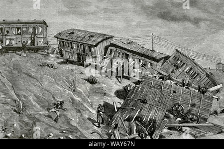 Spain, Catalonia. Railway accident. Derailment of the mail train Barcelona-Saragossa near the town of Tarrega, on June 24, 1876. There were many dead and wounded. Engraving. La Ilustracion Española y Americana, July 8, 1876. Stock Photo