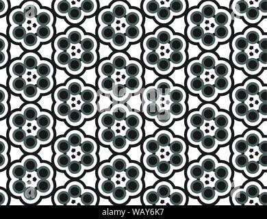 Seamless geometric pattern. Shaped flowers, circles, arrows in black, white and grey colors. Stock Vector