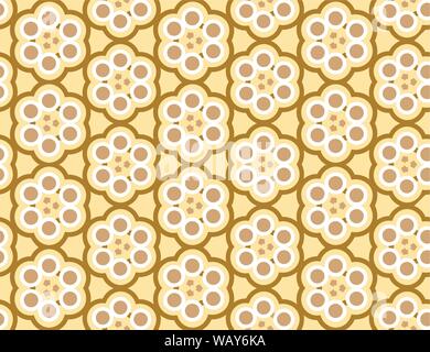 Seamless geometric pattern. Shaped flowers, circles, arrows in brown and yellow colors. Stock Vector