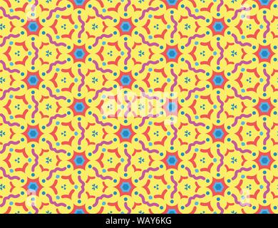Vector seamless geometric pattern. Purple, red, light and dark blue wavy lines, shapes on yellow background. Stock Vector