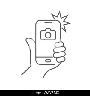 The hand hold the smartphone and photographed with a flash. Photo on smartphone. Editable Stroke Stock Vector