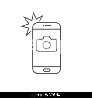 Simple icon smartphone with camera and flash. Modern phone with photo sign for web design. Vector outline element isolated. Editable Stroke. EPS 10. Stock Vector