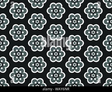 Vector seamless geometric pattern. Shaped flowers, stars in white, grey and black colors. Stock Vector