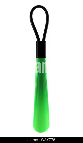 Green shoehorn with strap isolated on white background. It is small spoon. You can put your shoes on comfortably. Stock Photo