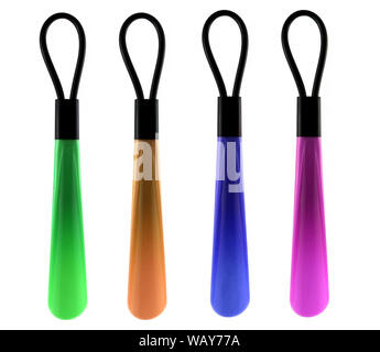 Set of colorful Shoehorns isolated on white background. There is orange, green, blue and red small spoon with strap. You can put your shoes on comfort Stock Photo