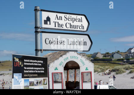 Sign in the Irish language on Inis Oirr, one of the Aran Islands, off the west coast of Ireland Stock Photo