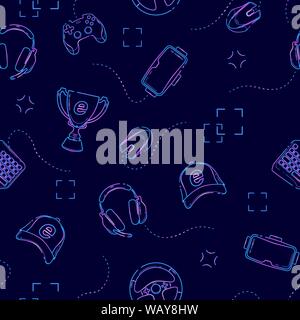 Gaming gadgets seamless pattern in deep blue, outline. Esports, pc and console games, virtual reality themes on deep blue background. Stock Vector