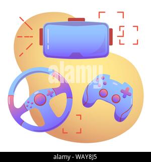 E-sports elements illustration withgamepad, vr glasses and game wheel on isolated background. Consoles game equipment in vector. Stock Vector
