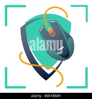 e-sport concept, game logo with shield and game mouse in a green frame, vector flat icon in casual style on white background. Stock Vector