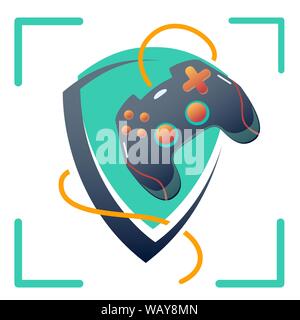e-sport concept, game logo with shield and gamepad in a green frame, vector flat icon in casual style on white background. Stock Vector