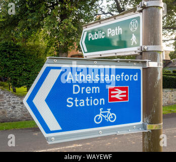 Sign for a Cycle route and a Public Path in the village of Athelstaneford, East Lothian, Scotland, UK. Stock Photo