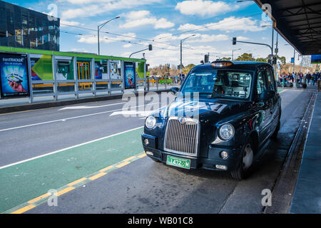 Melbourne, Australia - July 28, 2019: Black taxi London style parked near Federation Square Stock Photo