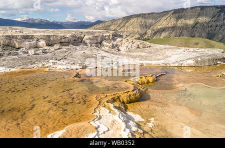 View of Mammoth Hot Springs with the Minerva Terrace and Mound Spring in Yellowstone National Park Wyoming Stock Photo