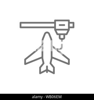 3d printing a toy airplane model, industrial printer line icon. Stock Vector