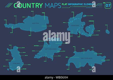 Flat vector maps collection with infographic elements. Stock Vector