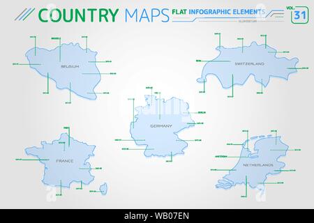 Flat vector maps collection with infographic elements. Stock Vector