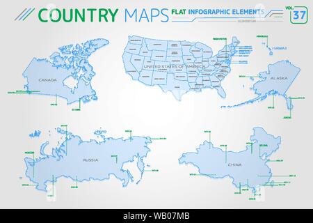 Flat vector maps collection with infographic elements. Stock Vector
