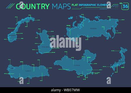Flat vector maps collection with infographic elements. Stock Vector