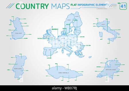 Flat vector maps collection with infographic elements. Stock Vector