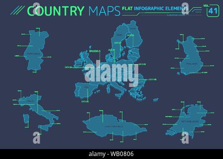 Flat vector maps collection with infographic elements. Stock Vector