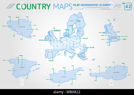 Flat vector maps collection with infographic elements. Stock Vector