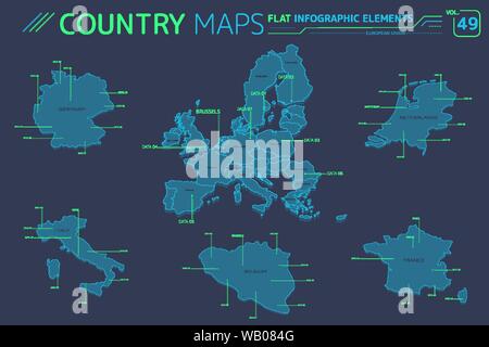 Flat vector maps collection with infographic elements. Stock Vector