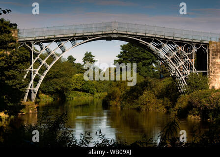 Upstream view from south bank of river Severn in the Ironbridge Gorge, England on a Summer morning. Stock Photo