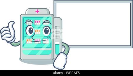 Thumbs up with board medicines vending machine on the cartoon Stock Vector