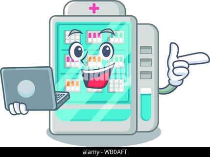 With laptop medicines vending machine on the cartoon Stock Vector