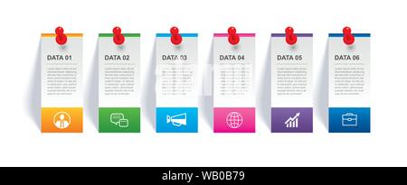 Infographics tab in vertical paper index and pin with 6 data template. Vector illustration abstract background. Can be used for workflow layout, busin Stock Vector