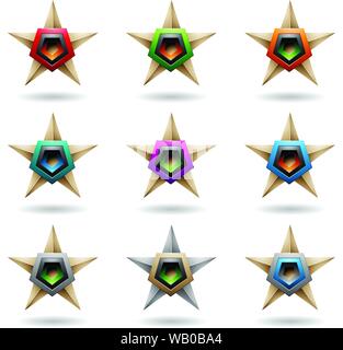 Vector Illustration of Beige Embossed Stars with Colorful Pentagon Shapes isolated on a White Background Stock Vector