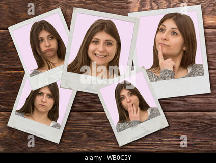 Pretty young caucasian girl shows various facial expressions on polaroid over wood texture Stock Photo