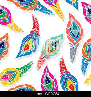 Peacock seamless vector pattern in colors over white background Stock Vector