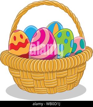 Vector Illustration of Brown Easter Basket with Colorful Painted Eggs isolated on a white background Stock Vector
