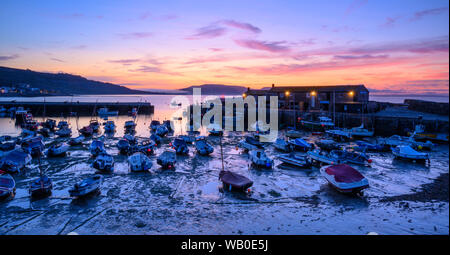 Lyme Regis, Dorset, UK. 23rd August 2019. UK Weather: Dawn colour at the historic Cobb Harbour at the coastal resort town of Lyme Regis.  Beautiful colours are reflected in the wet sand at low tide on what is forecast to be hot and sunny day at the start of the August Bank Holidy weekend. Credit: Celia McMahon/Alamy Live News. Stock Photo