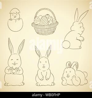 Vector Illustration of Charcoal Vector Drawings of Easter Bunnies Eggs Basket and Chick on a Beige Background Stock Vector