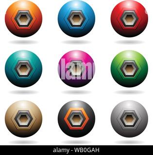 Vector Illustration of Colorful Embossed Sphere Loudspeaker Icons with Hexagon Shapes isolated on a white background Stock Vector