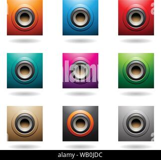 Vector Illustration of Embossed Round and Square Loudspeaker Icons isolated on a white background Stock Vector