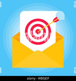 Open envelope with document paper sheet page, target icon sign vector illustration. Symbol of email targeting verification flat design concept isolate Stock Vector
