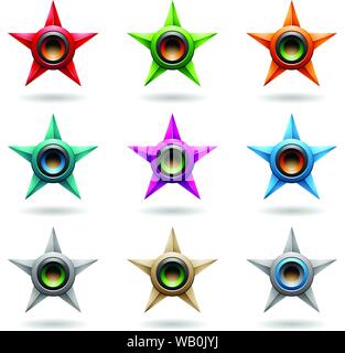 Vector Illustration of Embossed Stars with Colorful Round Loudspeaker Shapes isolated on a White Background Stock Vector