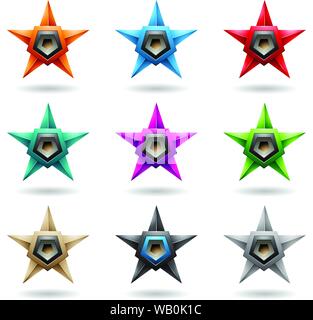 Vector Illustration of Embossed Stars with Grey Pentagon Loudspeaker Shapes isolated on a White Background Stock Vector