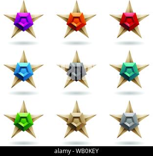 Vector Illustration of Embossed Stars with Colorful Pentagon Shapes isolated on a White Background Stock Vector