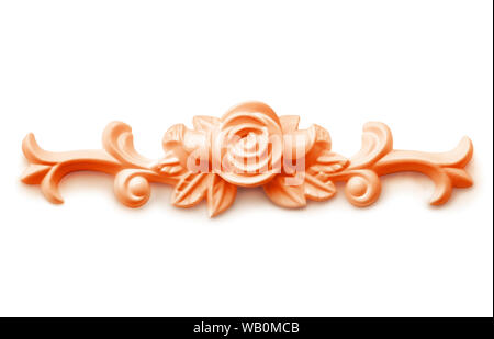 Wooden carved in golden color. Classic decoration  element isolated against white background. Clipping path Stock Photo
